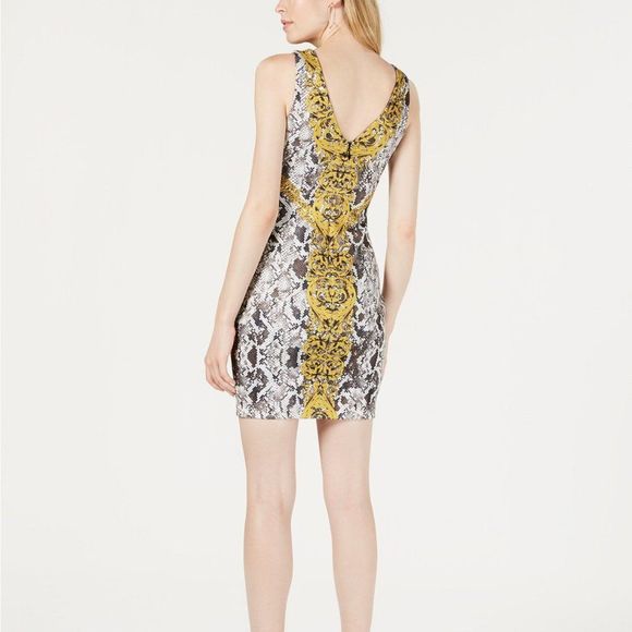 Guess Rae Medallion Snake Print Bodycon V Neck Party Dress - Picture 3 of 12